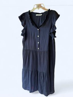 Ruffled Sleeve Button-Front Navy Dress